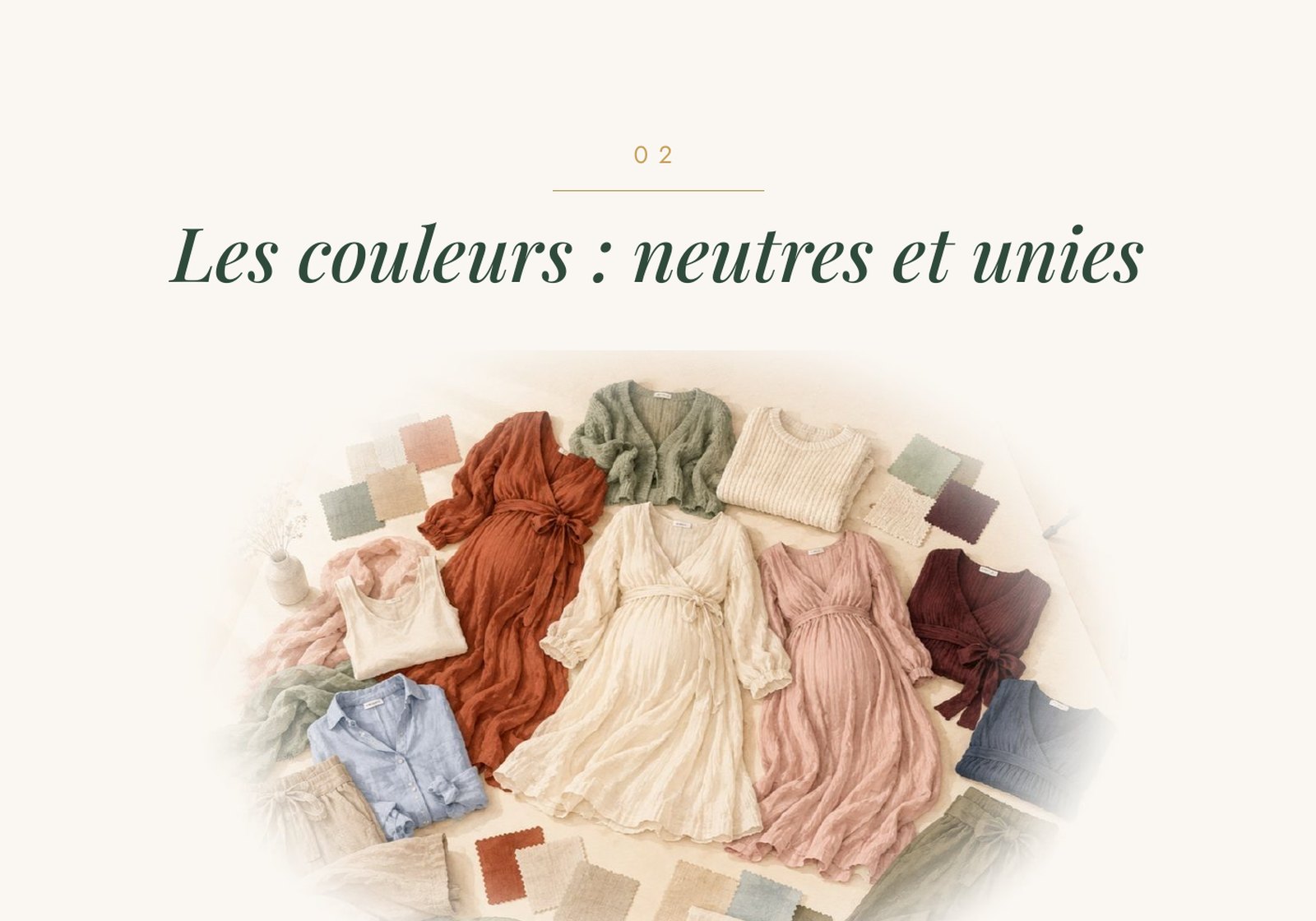 Page du guide: la règle d'or, mettre le ventre en valeur, et le chapitre sur les couleurs neutres
