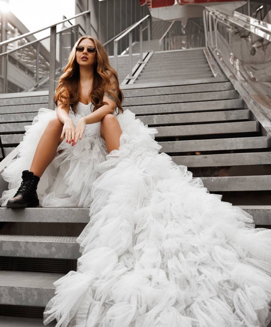 La mariée assise dans l'escalier, lunettes de soleil