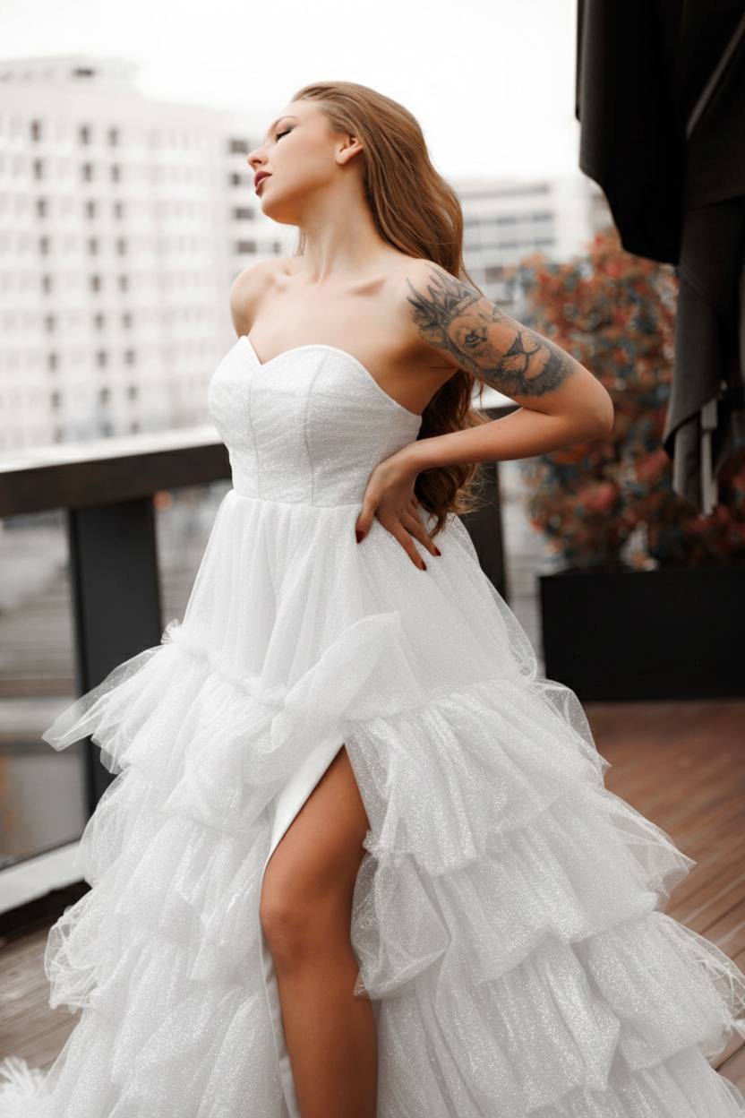 La mariée sur la terrasse, robe de tulle à volants
