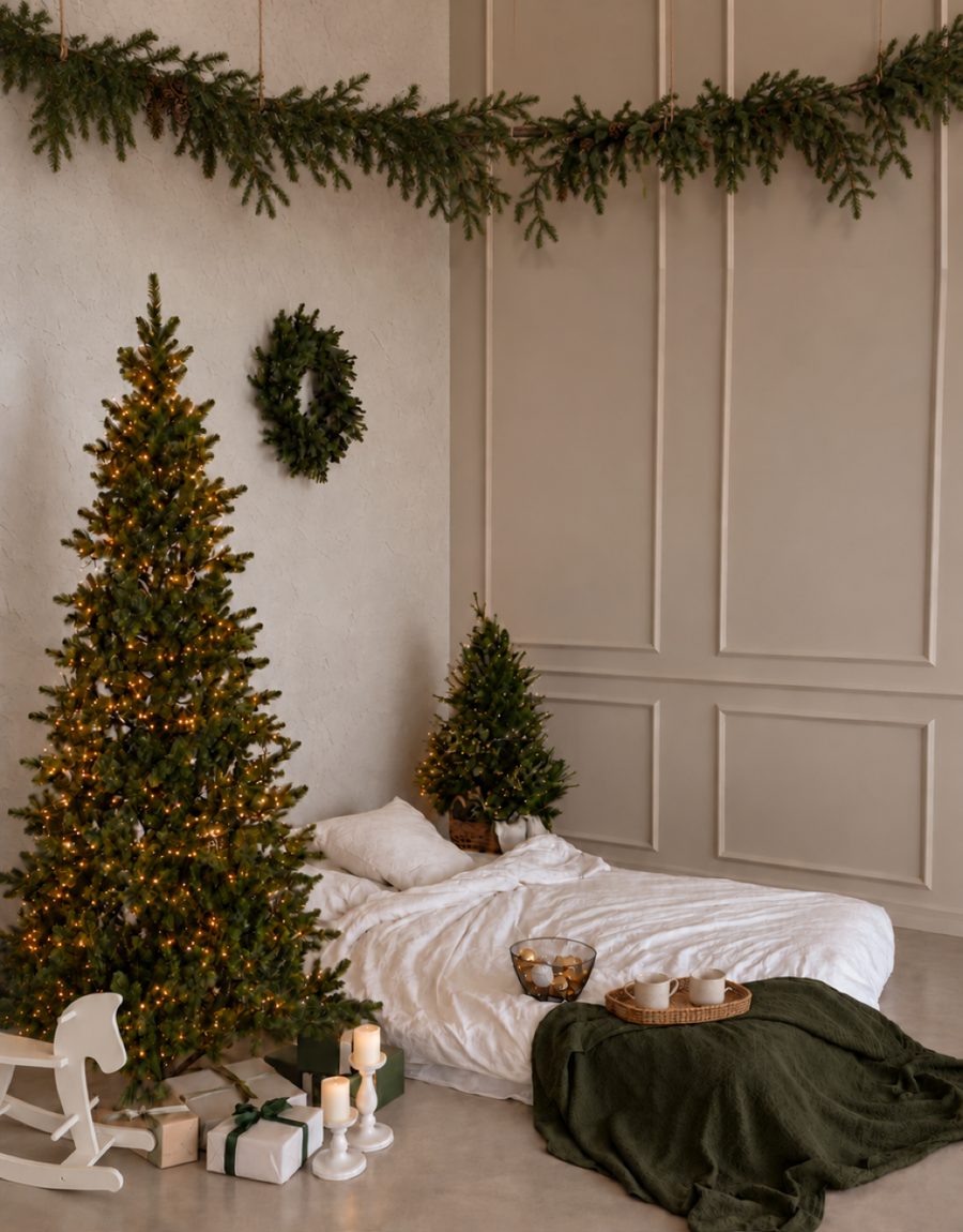 Décor de Noël du studio : sapin, couronne, lit au sol